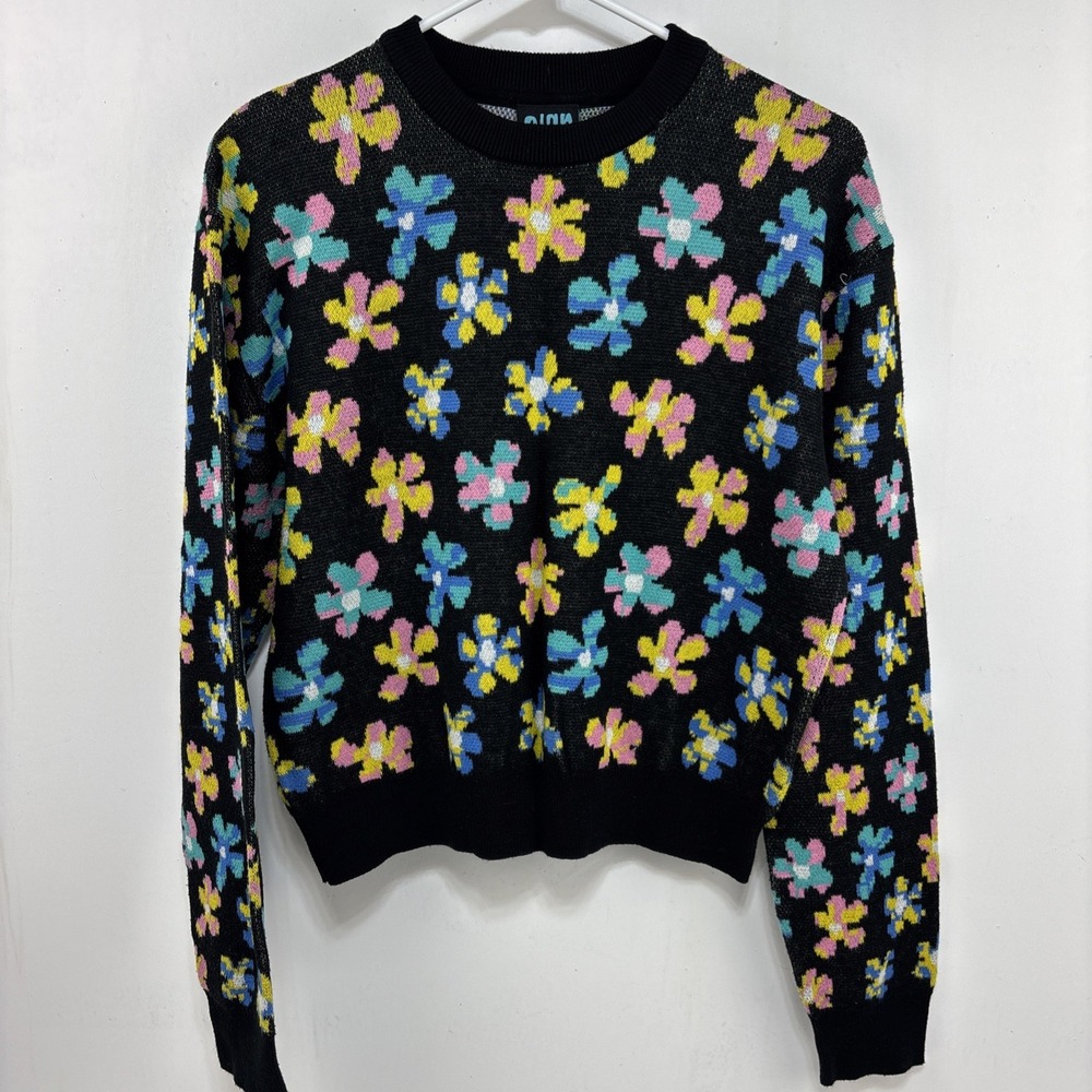 Alab Womens Black Flower Crewneck Sweater Retro Inspired Size‎ L